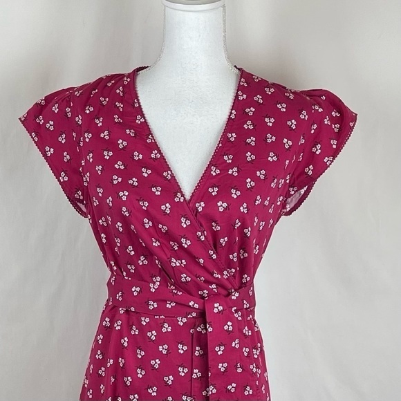 Draper James Cranberry W/White Floral Print CottageCore Boho Wrap Midi Dress NWT - Picture 2 of 13